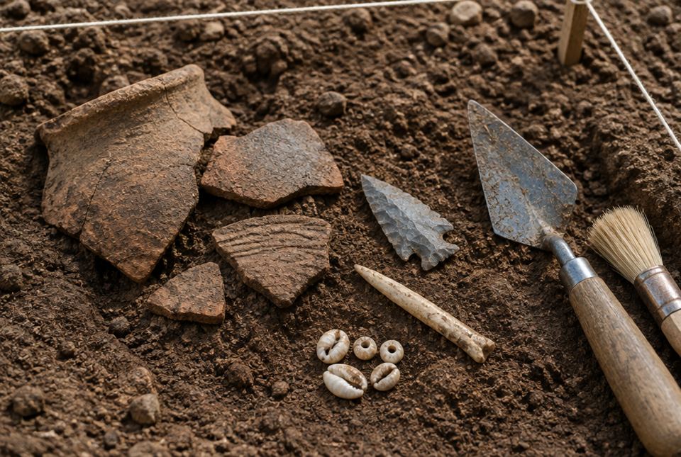 Pieces of broken clay pottery, a stone arrowhead, a bone tool and shell beads lying in the soil at a dig site, next to a trowel and a brush.