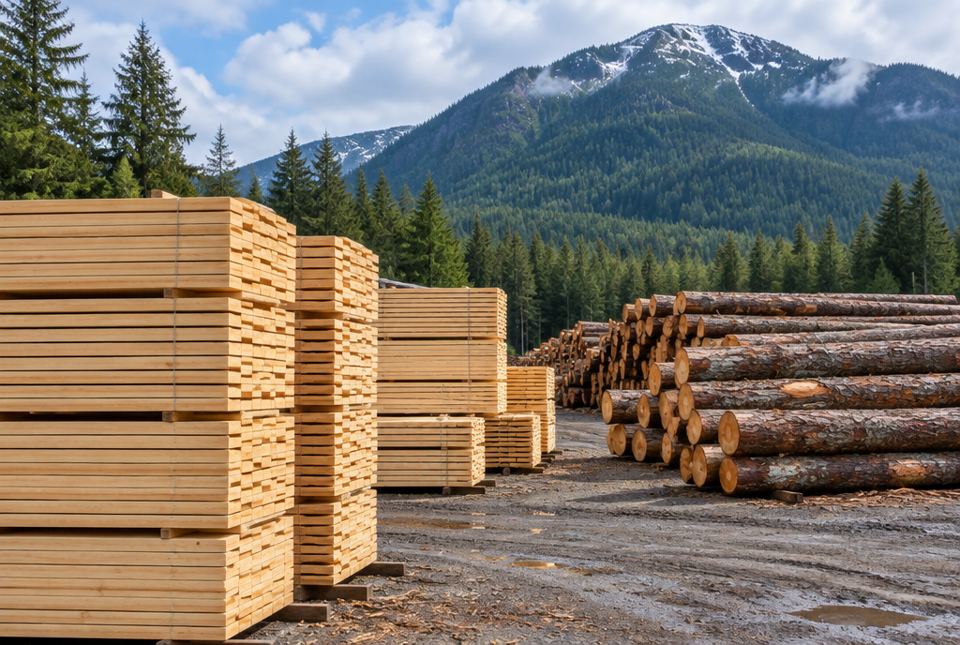 Stacks of freshly cut lumber boards next to piles of round logs, with a forested mountain behind.