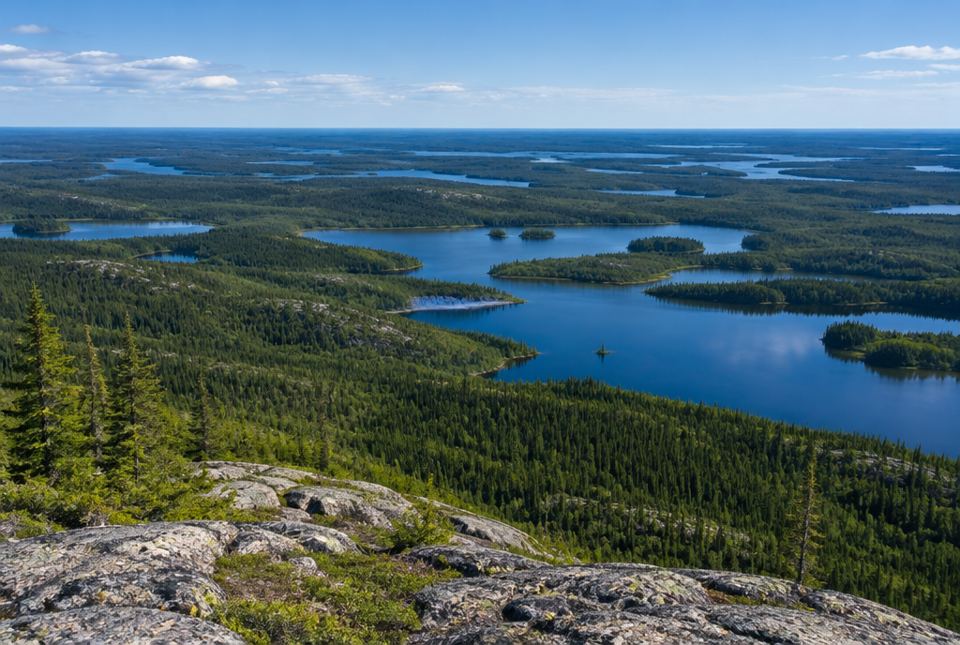 A view from a rocky hilltop over dark green forest and many blue lakes that stretch all the way to the horizon.