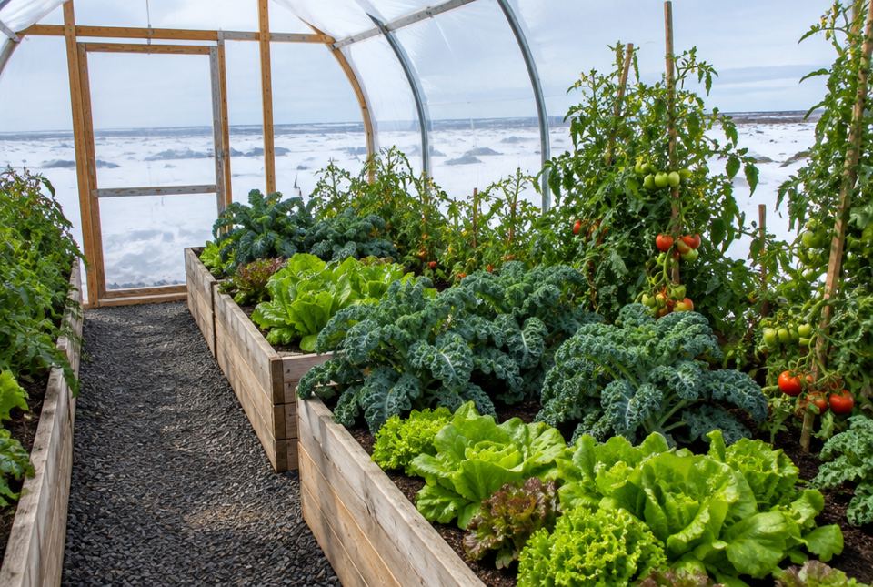 Raised garden beds full of lettuce, kale and tomato plants inside a greenhouse, with snowy land outside.