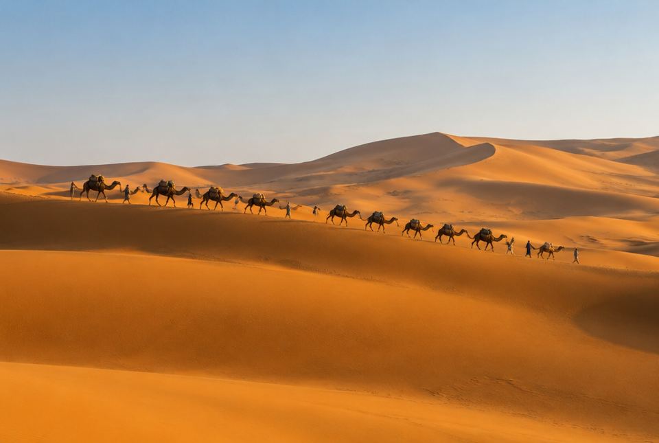 A long line of camels carrying loads walks across golden sand dunes, with a few small travellers walking beside them.