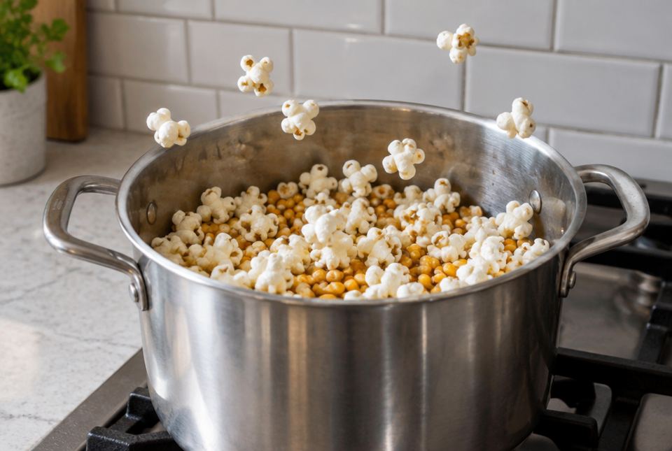 Popcorn popping in an open steel pot on a stove, with a few popped pieces jumping above the rim.