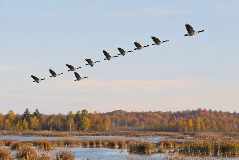 A long line of Canada geese flying across an autumn sky over a marsh, with one goose out in front.