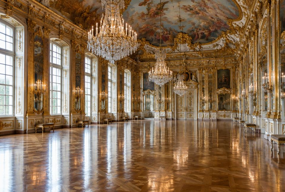 An empty, grand palace ballroom with a shiny wooden floor, gold walls, tall windows and crystal chandeliers.