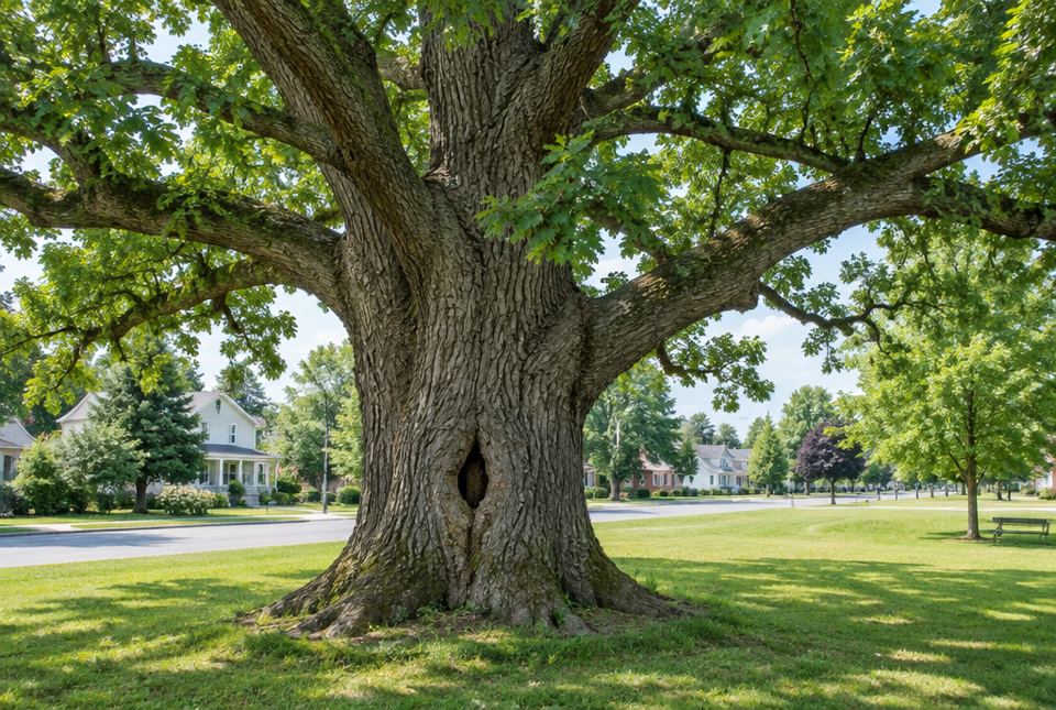 A huge old oak tree with a hollow in its trunk standing in a grassy town park.