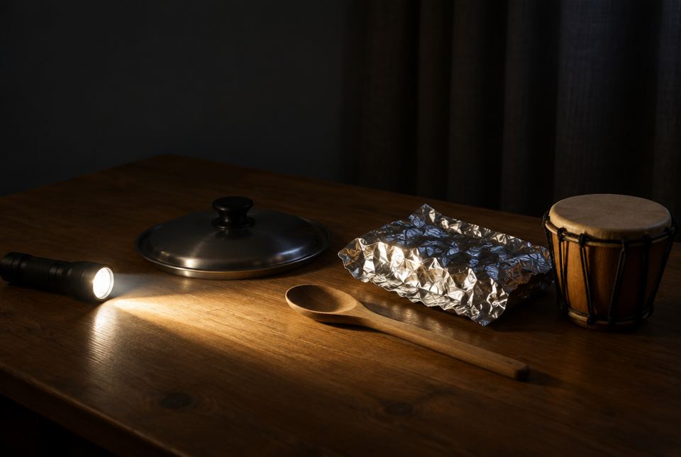 A flashlight shining a beam across a dark table holding a pot lid, a wooden spoon, crinkled foil and a small drum.