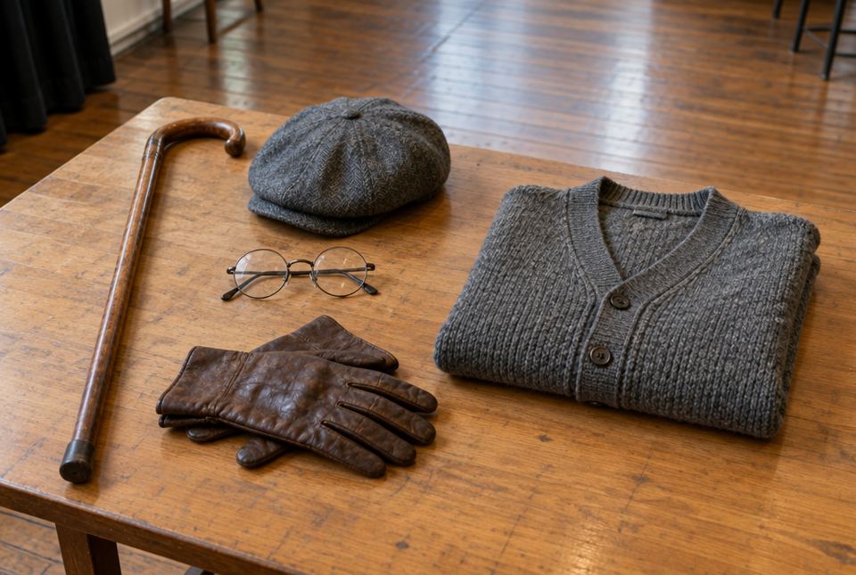 A wooden cane, a grey wool cap, round glasses, leather gloves and a folded grey cardigan laid out on a table.