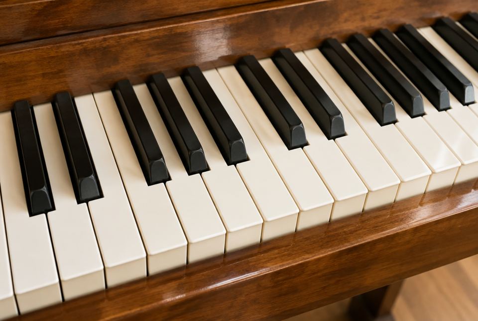 A close-up of piano keys, with black keys in groups of two and three between the white keys.