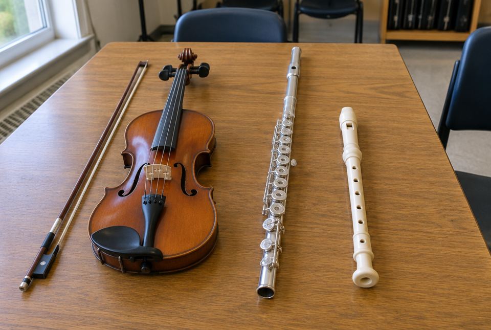 A violin with its bow, a silver flute and a cream-coloured recorder lying side by side on a table.