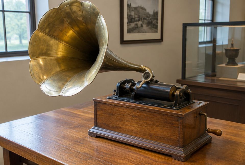 An antique phonograph with a large brass horn on a wooden box, displayed in a museum.