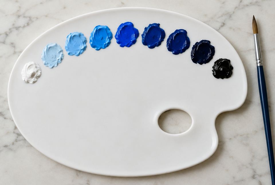 A white paint palette with a row of blue paint dabs going from white through pale blue and bright blue to navy and black.