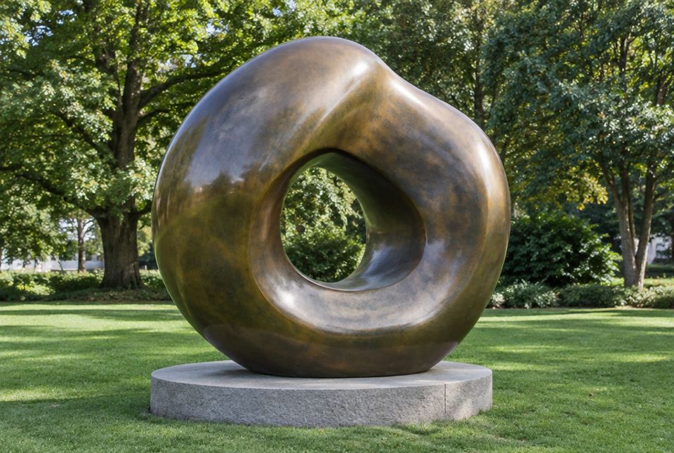 A large smooth bronze sculpture with a big hole through its middle, standing on a stone base in a park.
