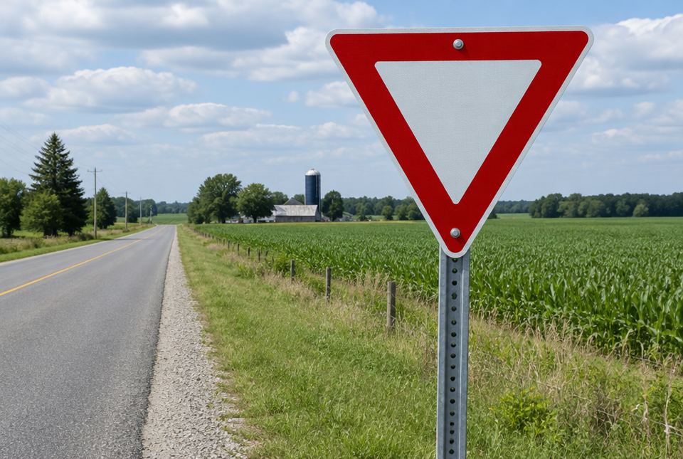 A blank red and white upside-down triangle traffic sign beside a country road with farm fields.