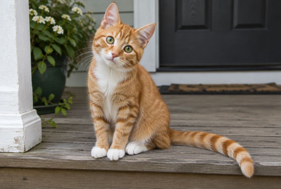 An orange tabby cat with white paws and green eyes sitting on a porch.