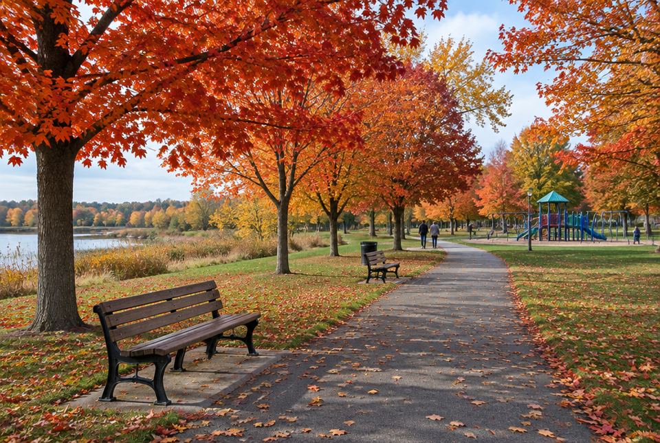 A park path in autumn with benches, red and orange maple trees and a playground.