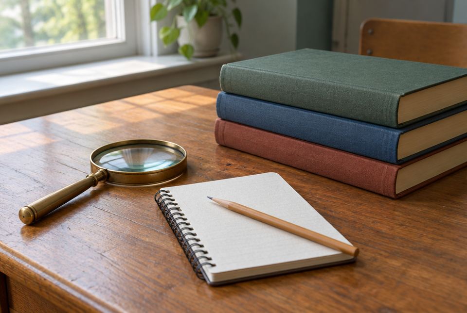 A magnifying glass, a spiral notebook with a pencil and a stack of books on a wooden desk.