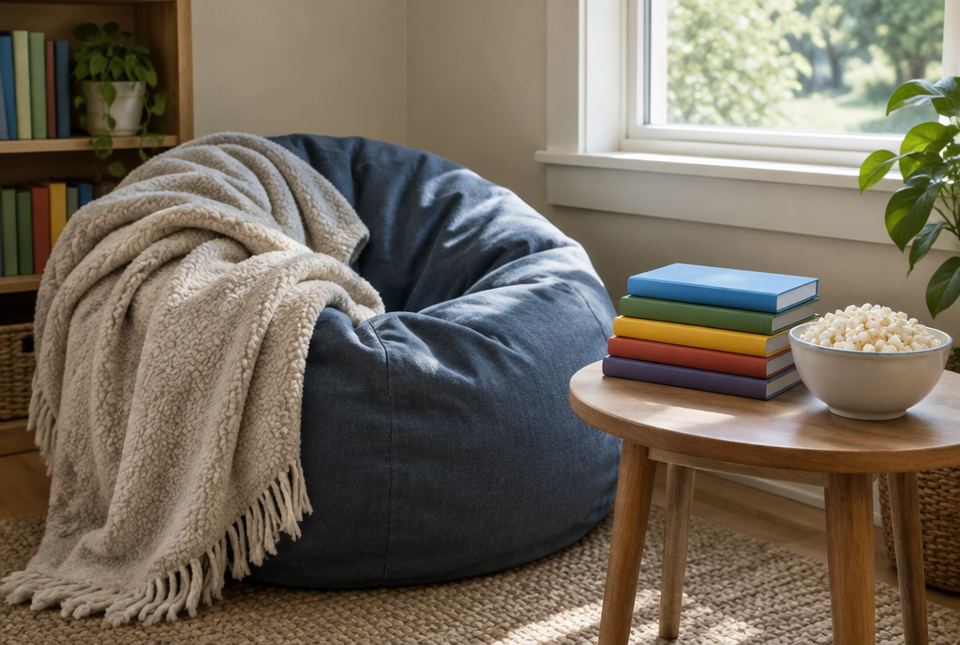 A reading corner with a beanbag chair, a blanket, a stack of books and a bowl of snacks.