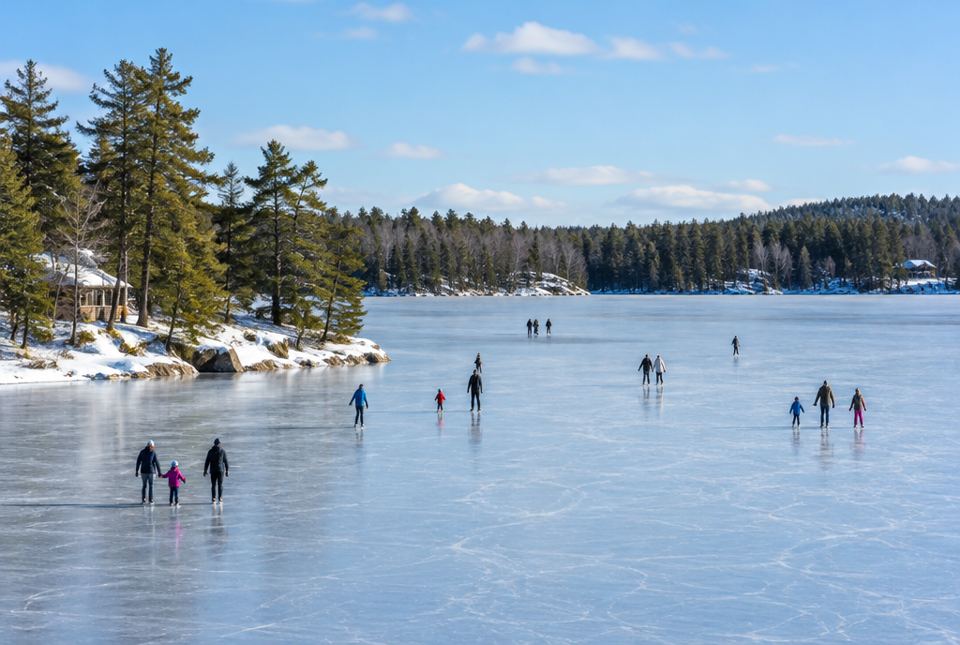 Families skating on a frozen lake surrounded by pine trees on a sunny winter day.