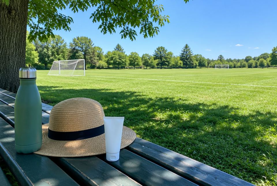 A water bottle, a sun hat and sunscreen on a shaded bench beside a sunny soccer field.