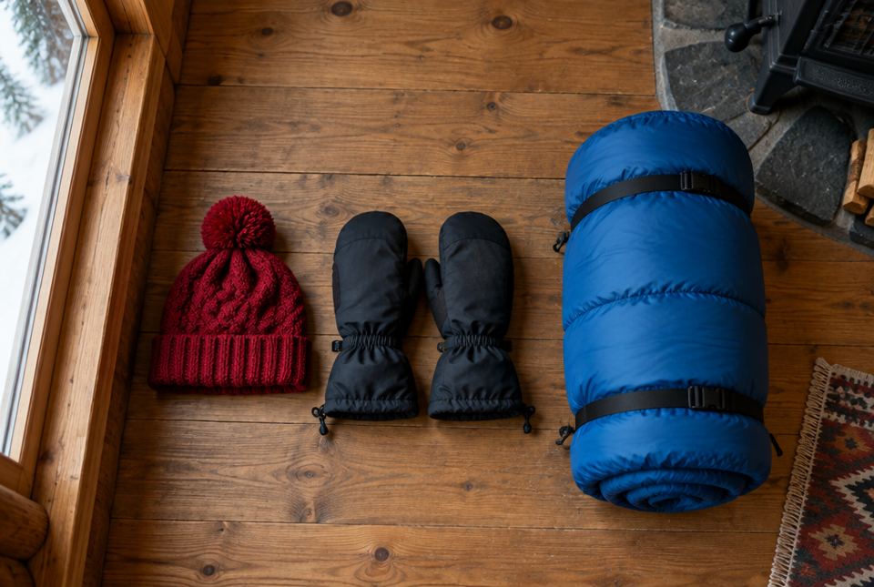 A red knitted toque, a pair of black waterproof mittens and a rolled-up blue sleeping bag laid out on a cabin floor.