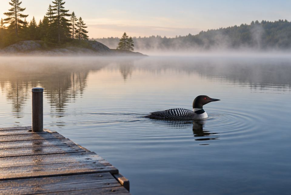 Mist rising from a calm lake at sunrise, with a wooden dock and a loon swimming on the water.