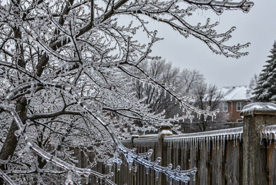 Tree branches and a wooden fence covered in shiny ice and icicles in a neighbourhood.