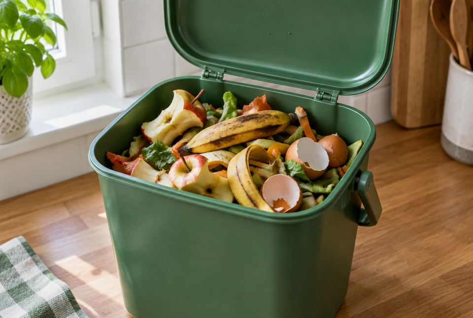 A green kitchen compost bin with its lid open, full of apple cores, banana peels and eggshells.