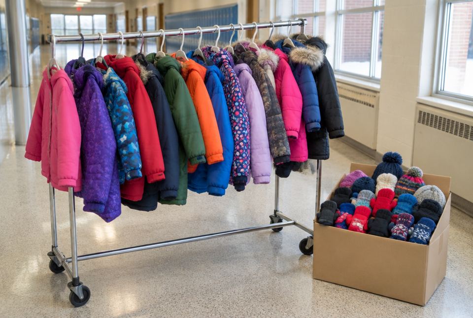 A rack of colourful children's winter coats and a box of hats and mittens in a school hallway.