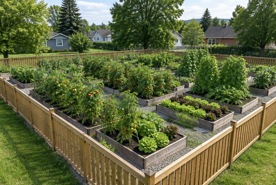 A fenced community garden with rectangular raised beds of tomatoes, lettuce and beans.