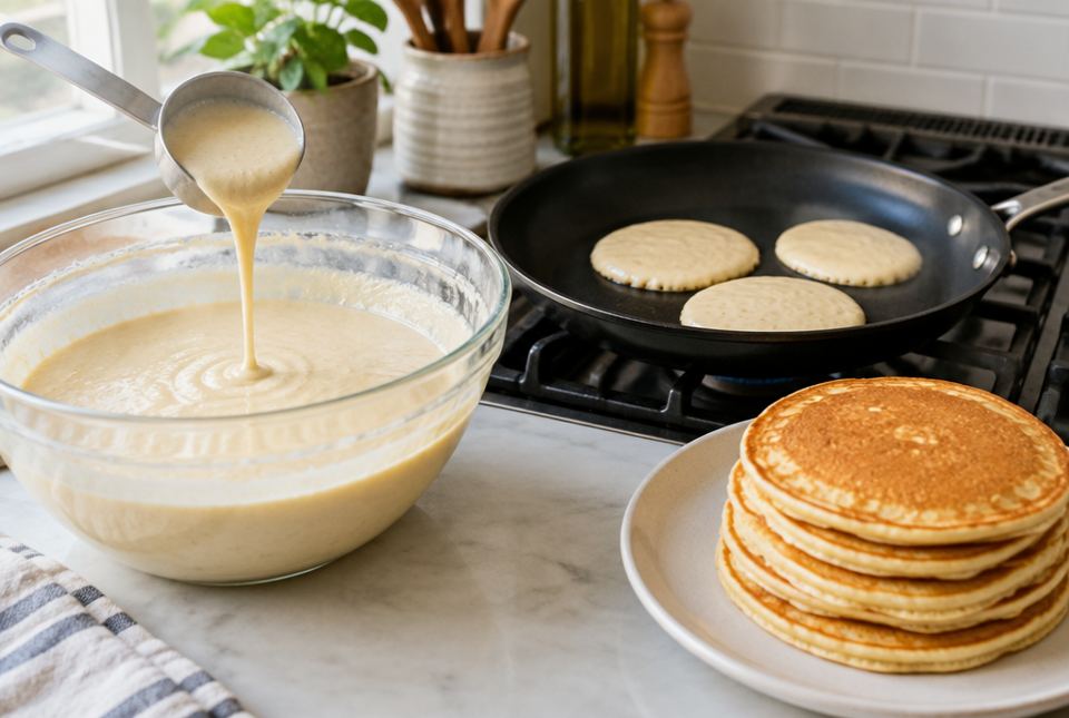 Pancake batter being poured from a ladle into a bowl, with pancakes cooking in a pan and a stack on a plate.