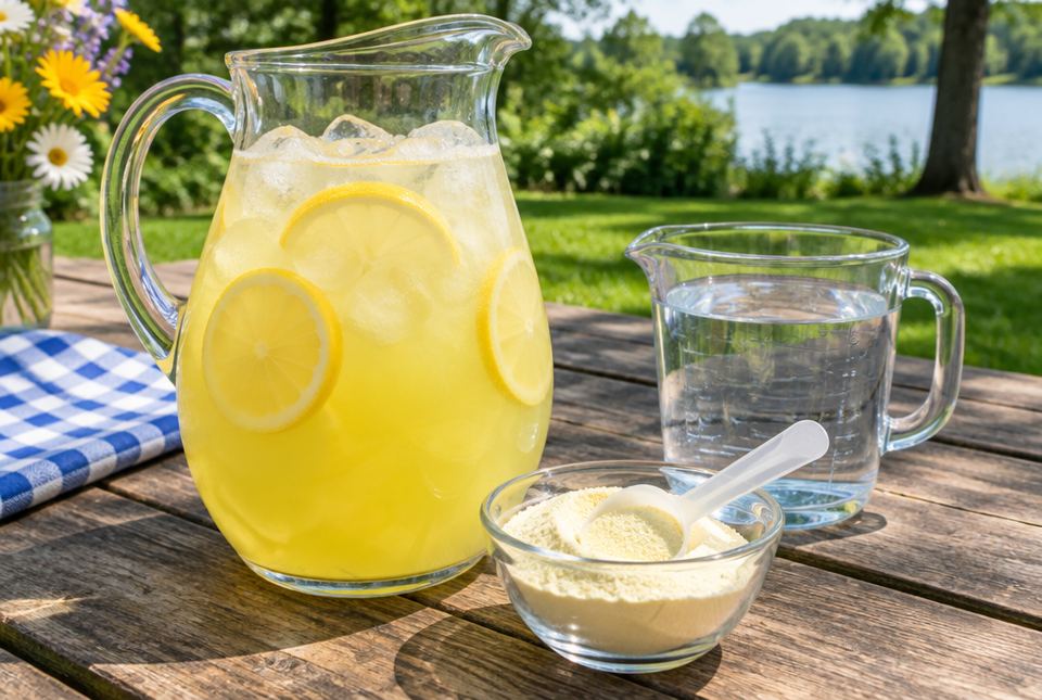 A glass pitcher of lemonade with lemon slices beside a bowl of lemonade mix with a scoop and a measuring cup of water.