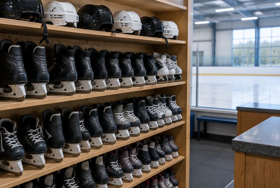 Rows of rental skates on wooden shelves, with helmets on the top shelf, beside an indoor ice rink.