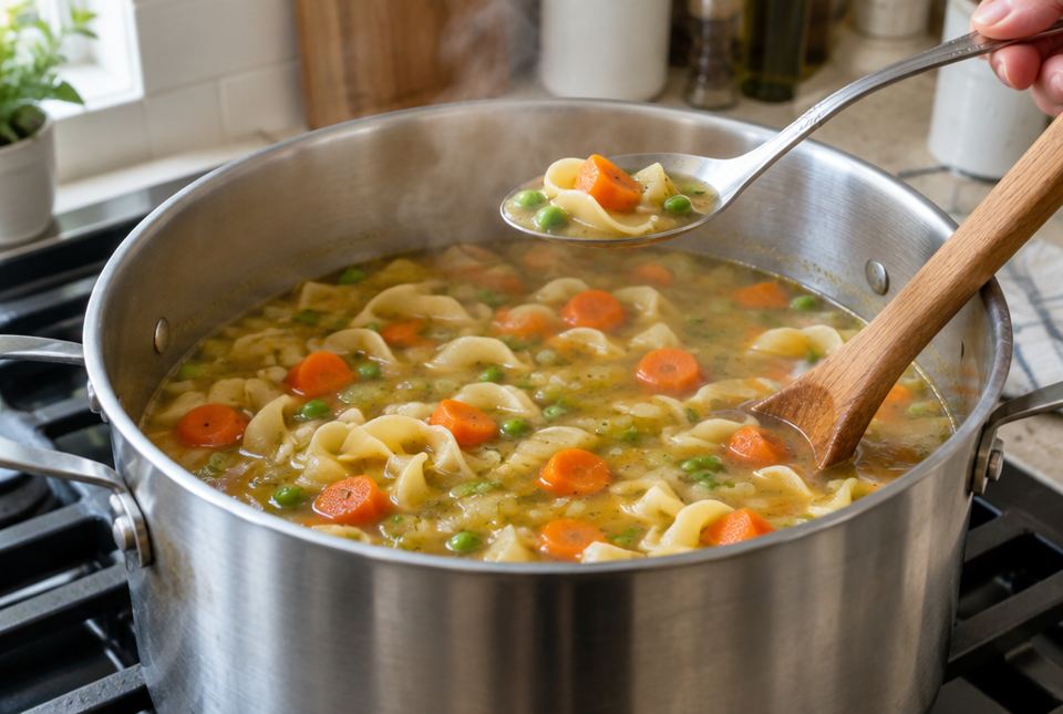 A big pot of vegetable noodle soup on a stove, with one spoonful lifted out of the pot.