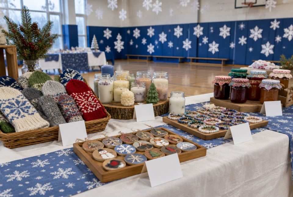 A school craft fair table with knitted mittens, candles, bracelets, wooden ornaments and jars of jam, each with a small price card.
