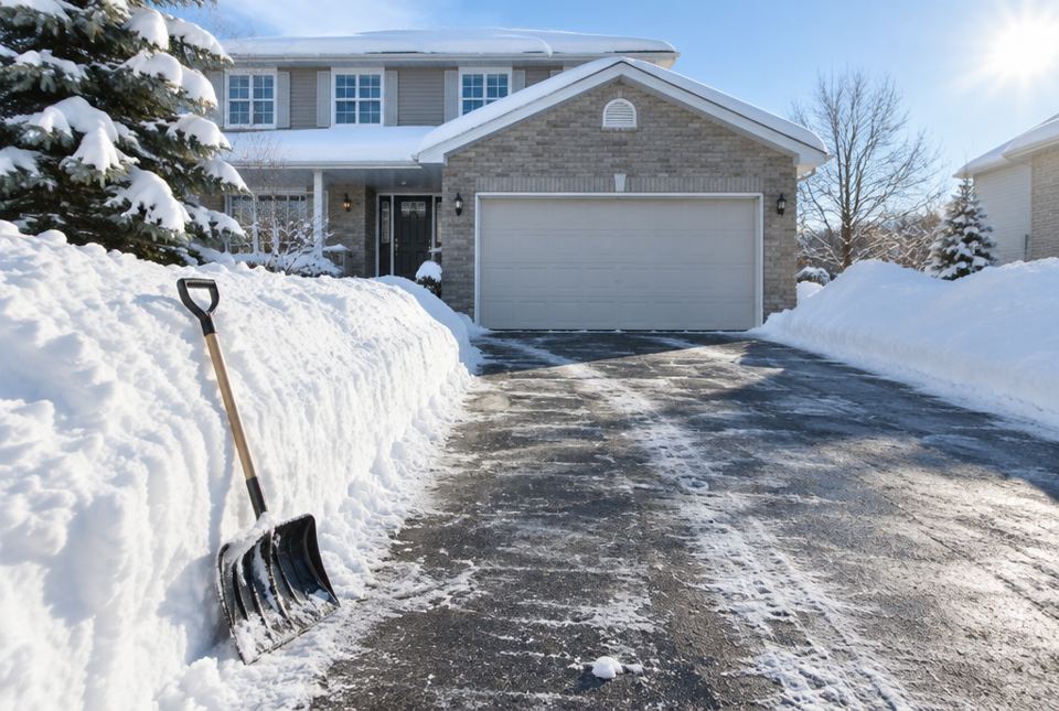 A freshly shovelled driveway between tall snowbanks, with a snow shovel leaning on the snow.