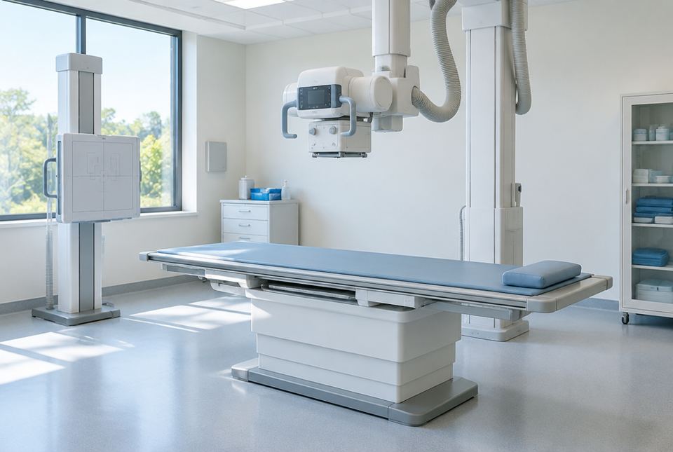 An empty hospital X-ray room with an X-ray machine above a padded table.