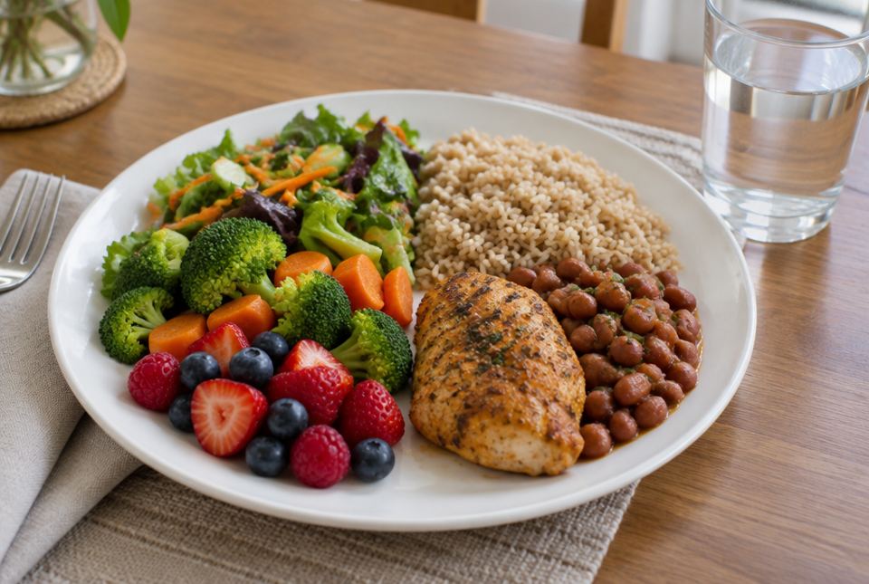 A dinner plate half filled with vegetables and fruit, with brown rice, baked chicken and beans, and a glass of water.