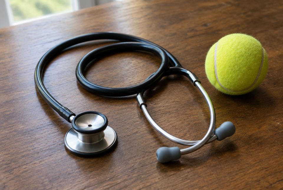 A stethoscope coiled on a wooden table next to a yellow tennis ball.