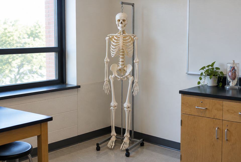 A life-size model human skeleton hanging on a stand in a school science classroom.