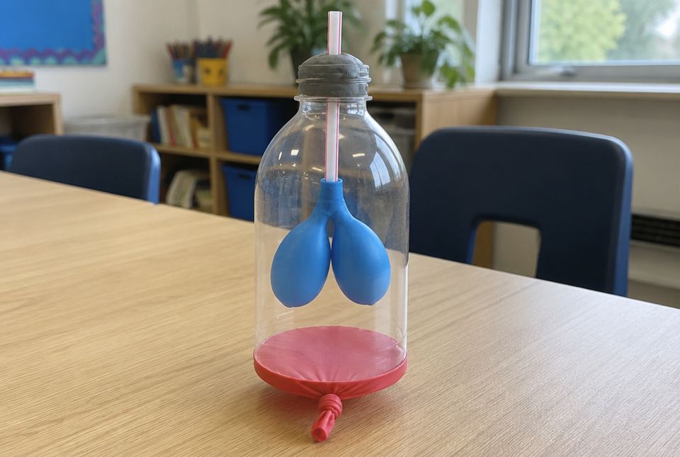 A homemade lung model: a clear plastic bottle with two balloons on a straw inside and a stretched balloon across the bottom.