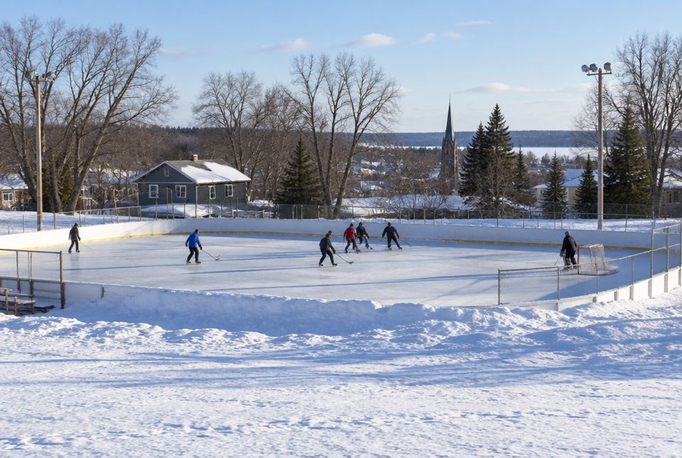 People playing pickup hockey on an outdoor rink in a snowy town, seen from a distance.