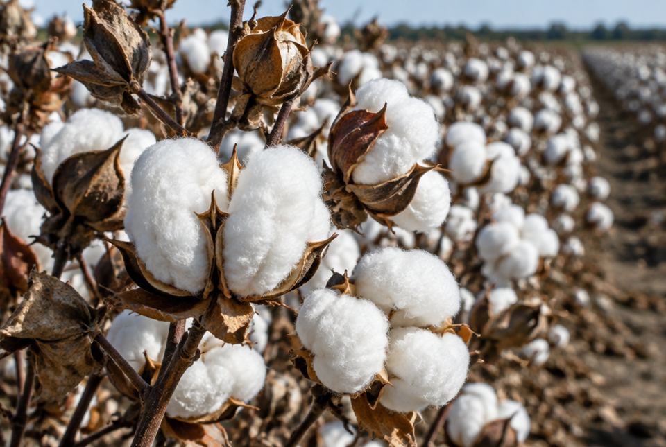 Cotton plants in a farm field with open brown pods full of fluffy white cotton.