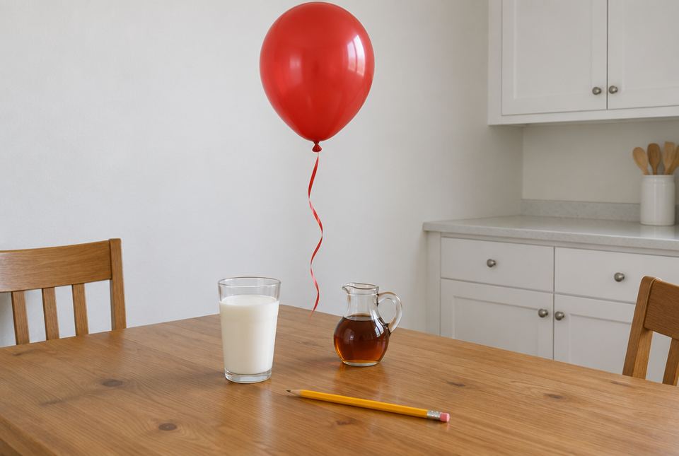 A red helium balloon floats above a kitchen table with a glass of milk, a small jug of maple syrup and a yellow pencil.