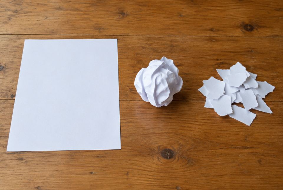 A flat sheet of white paper, a crumpled paper ball and a pile of torn paper pieces lie on a wooden table.