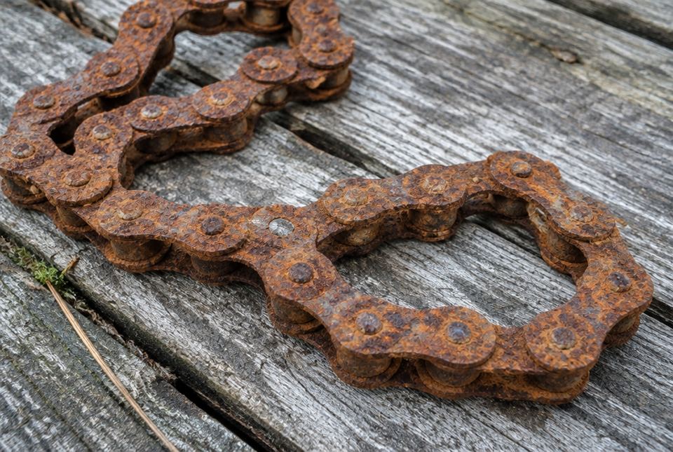 An old bicycle chain covered in reddish-brown rust lies on grey wooden boards.