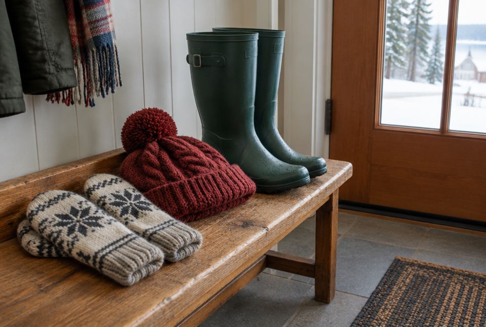 Knitted wool mittens, a knitted toque and a pair of green rubber boots sit on a wooden bench by a door in winter.