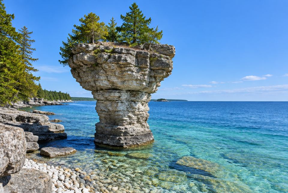 A tall limestone rock pillar, wider at the top, with cedar trees on top, standing in clear turquoise water by a rocky shore.