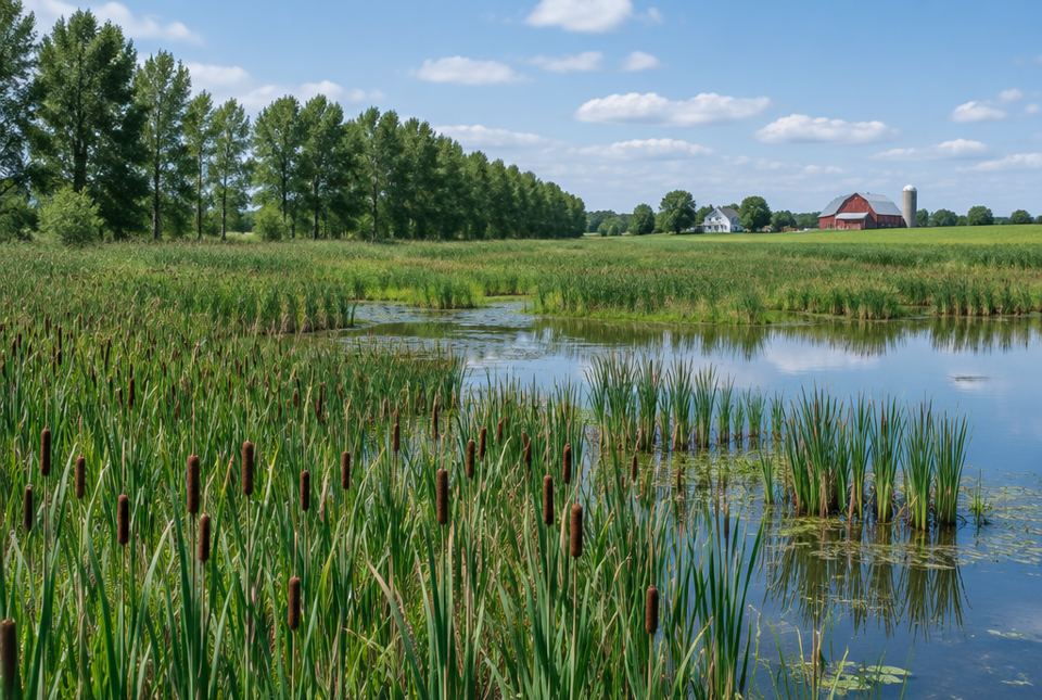 A cattail marsh full of water beside a farm field, with a row of tall trees and a farmhouse in the distance.