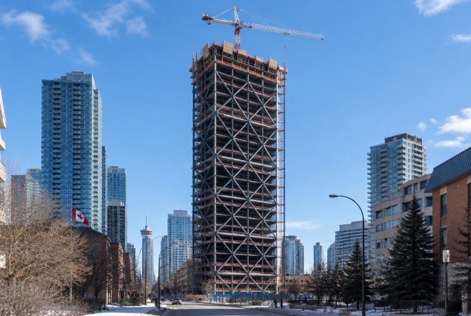 A tall building under construction with large diagonal X-shaped steel braces in its frame.