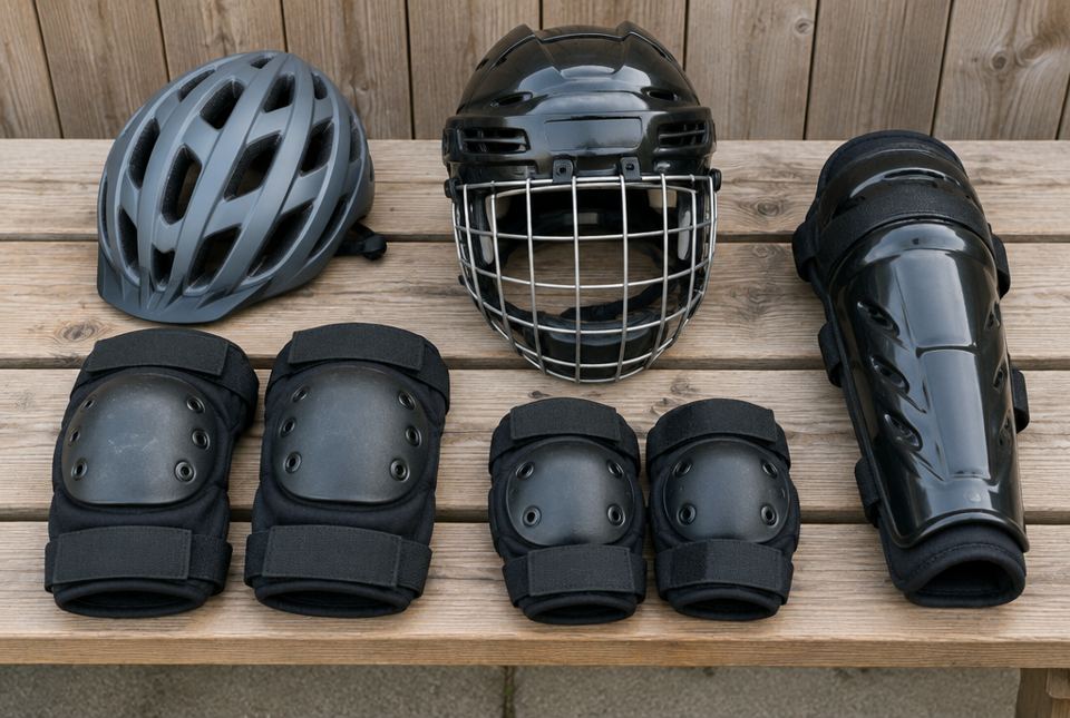 A bike helmet, a hockey helmet with a cage, knee pads, elbow pads and a shin guard laid out on a wooden bench.